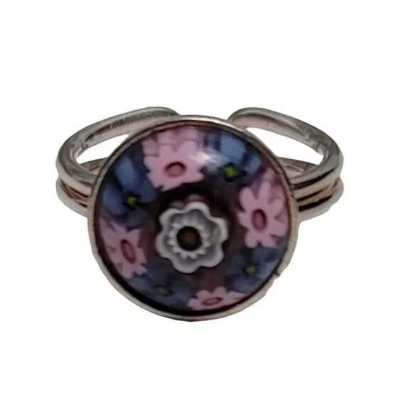 Sterling Silver Italy Millefiori Glass Cab Adjustable Ring Size 6